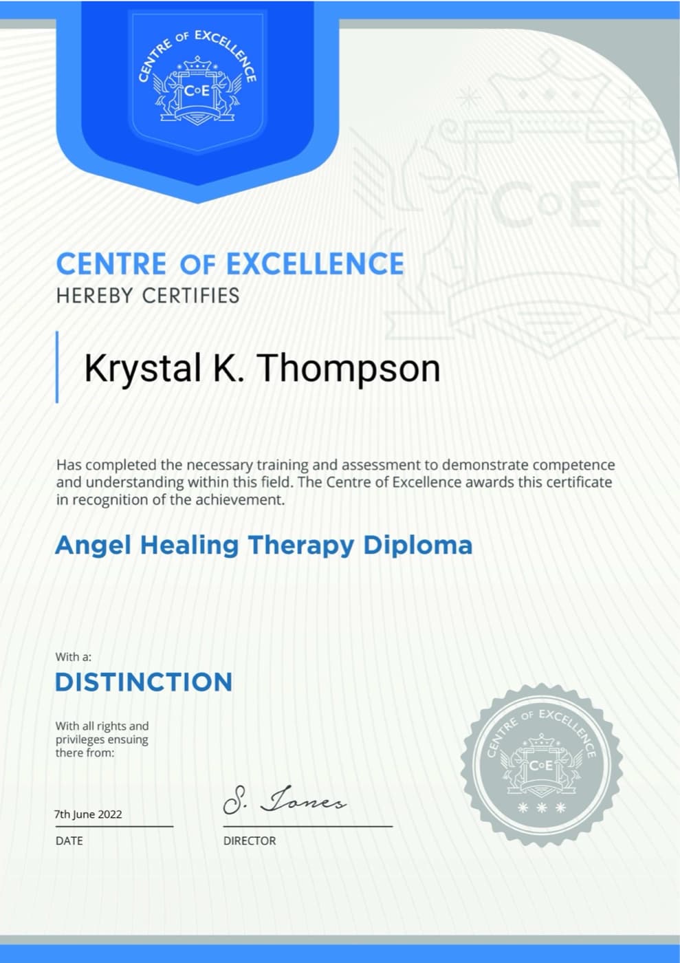 Angel Healing Therapy diploma — Krystal K. Thompson