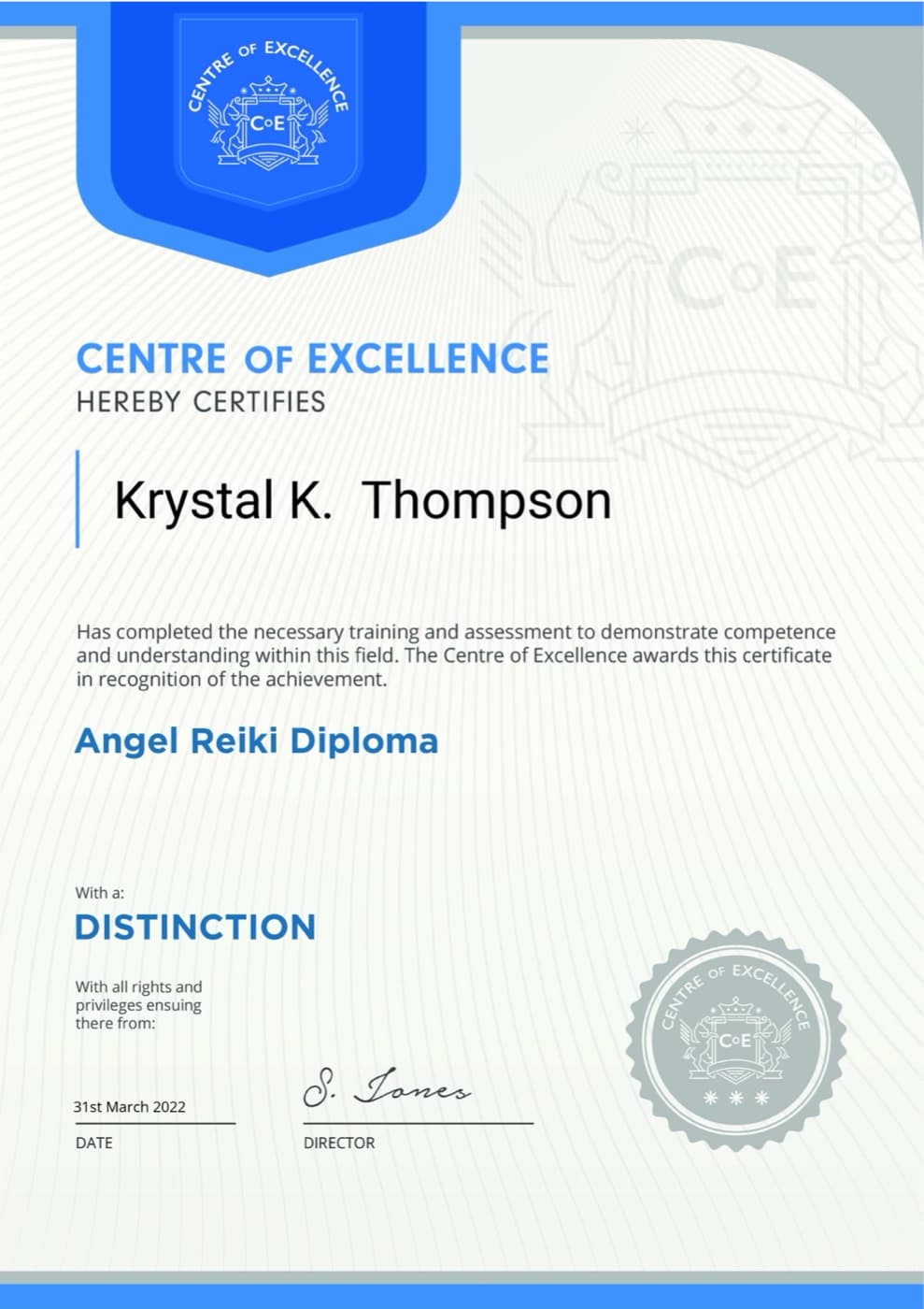 Angel Reiki diploma — Krystal K. Thompson