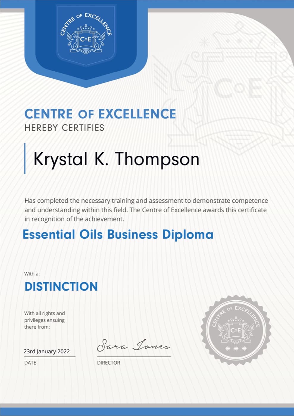 Essential Oils Business diploma — Krystal K. Thompson