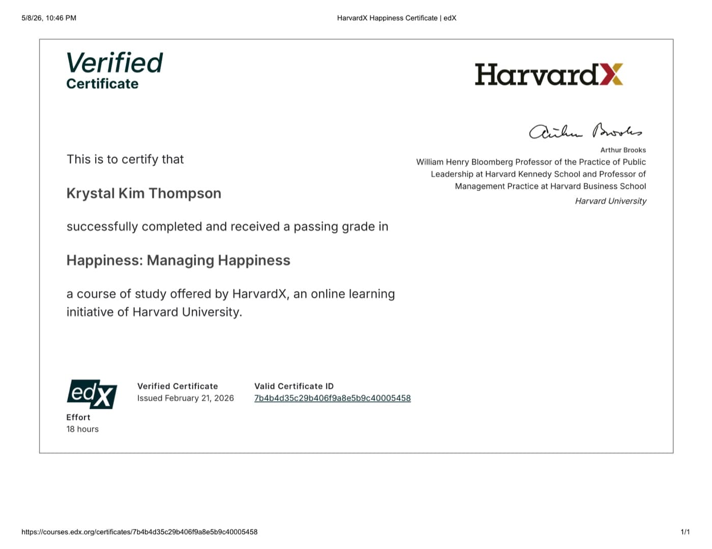 HarvardX Managing Happiness certificate — Krystal K. Thompson