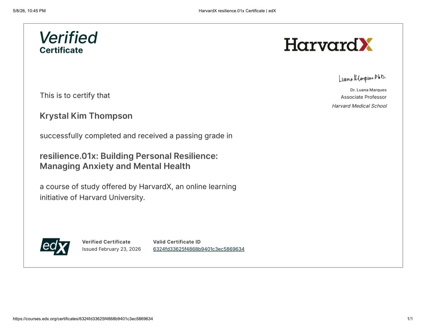 HarvardX Resilience certificate — Krystal K. Thompson