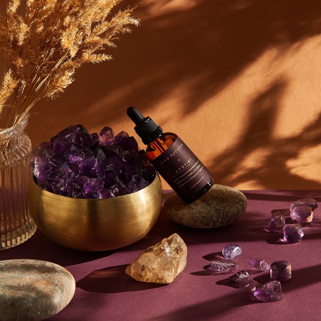 Amethyst still-life with brass bowl, pampas and dropper bottle.